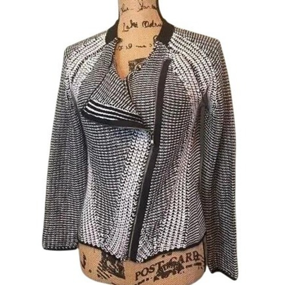 Papillon Womens Black White Textured Knit Asymmetrical Zip Moto Cardigan Size M